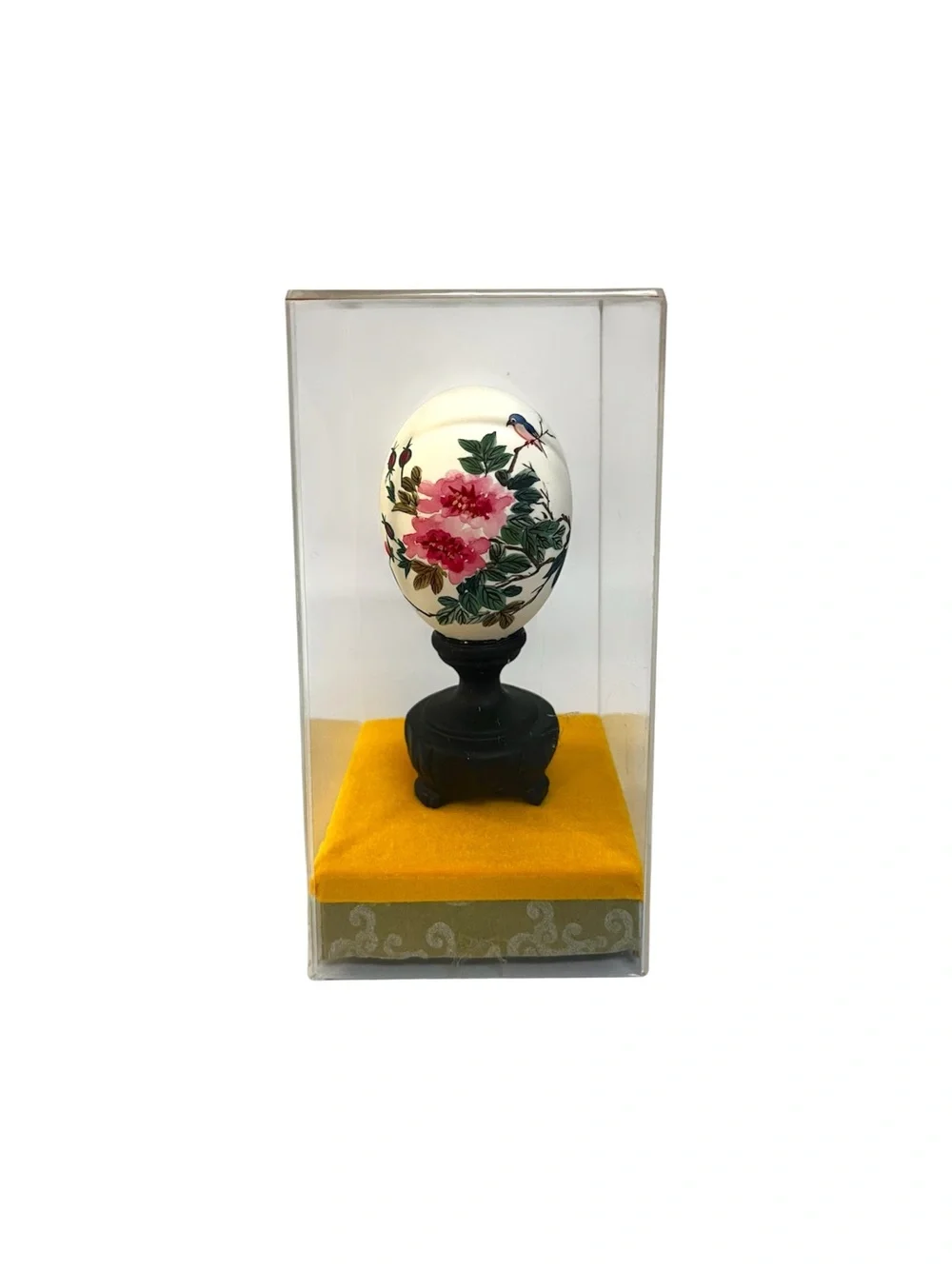 Vintage Chinese Hand Painted Egg Bird Peony Flowers Signed Plastic Display Case